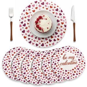 Qinyoung Valentines Woven Placemats Set of 6 15 Inch Red Pink Heart Round Placemats Braided Place Mats Decorative Dinner Table Mats for Valentines Wedding Anniversary Party Kitchen Home Decoration