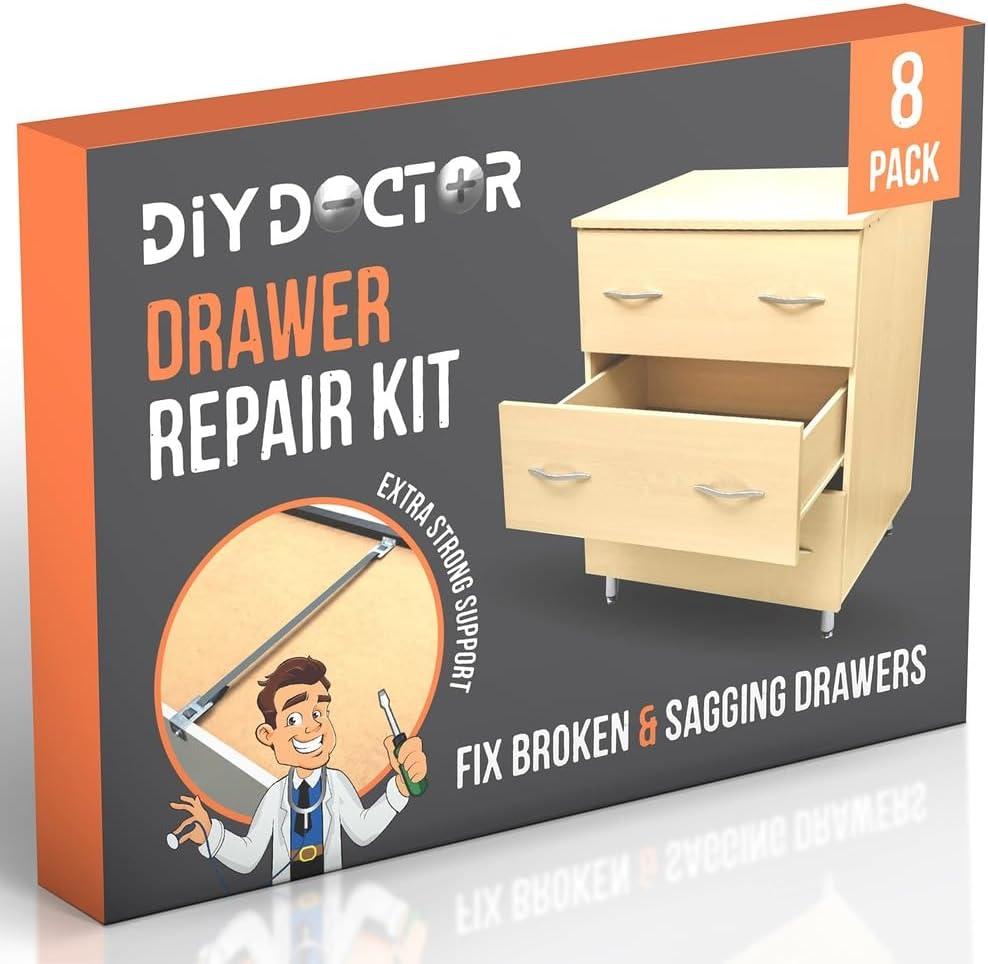 8 Pack Drawer Doctor Kit - Mend Broken Buckled Draw - Drawer Strengthener Supports - Fix A Drawer Repair Kit - Drawer Bottom Sagging Repair - Kitchen Drawer Front Fixing Brackets (8x Drawer Kit)