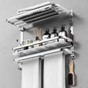 CAXIMSY Towel Rack with Shelf, 22.63" Bathroom Shelf with Double Towel Bars Stainless Steel, Wall Mounted, Foldable Top, 2 Hooks, Adhesive/Screw Install, Space-Saving for Small Bathrooms & Apartments