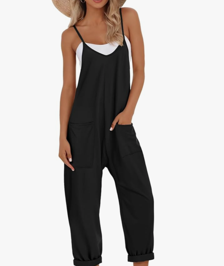 Buauty Jumpsuits for Women Casual V Neck Sleeveless Baggy Overalls Spaghetti Strap Jumpers with Pockets Summer Romper Clothes Size L