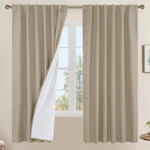 LAMIT 100% Blackout Natural Linen Curtains, 72 Inches Linen Textured Thermal Bedroom Curtains Back Tab and Rod Pocket Neutral Panels with White Liner for Farmhouse, 2 Panels, 52 x 72 Inch, Taupe