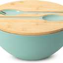 BAMBOO LAND- Extra Large Salad Bowl with Wooden Lid, 11.4 Inch/177 Oz, Mint Green, Bamboo Fiber Salad Bowl with Serving Utensils, Wide Applications