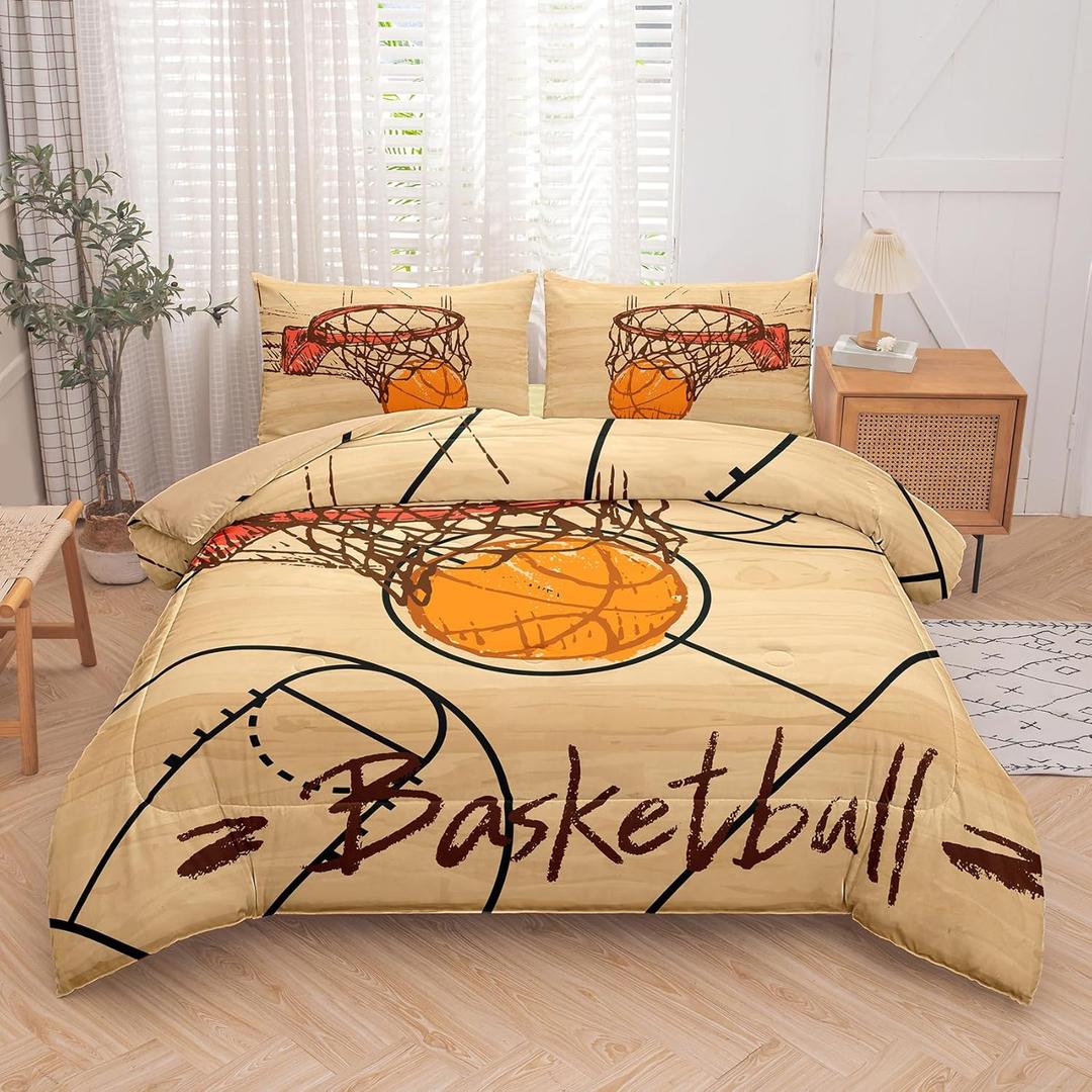 Peopleareok Boys Basketball Comforter Queen(90x90 Inch), 3D Printed Basketball Theme Comforter, 3 Pieces Sports Bedding Set for Boys Kids Teens with 2 Pillowcases