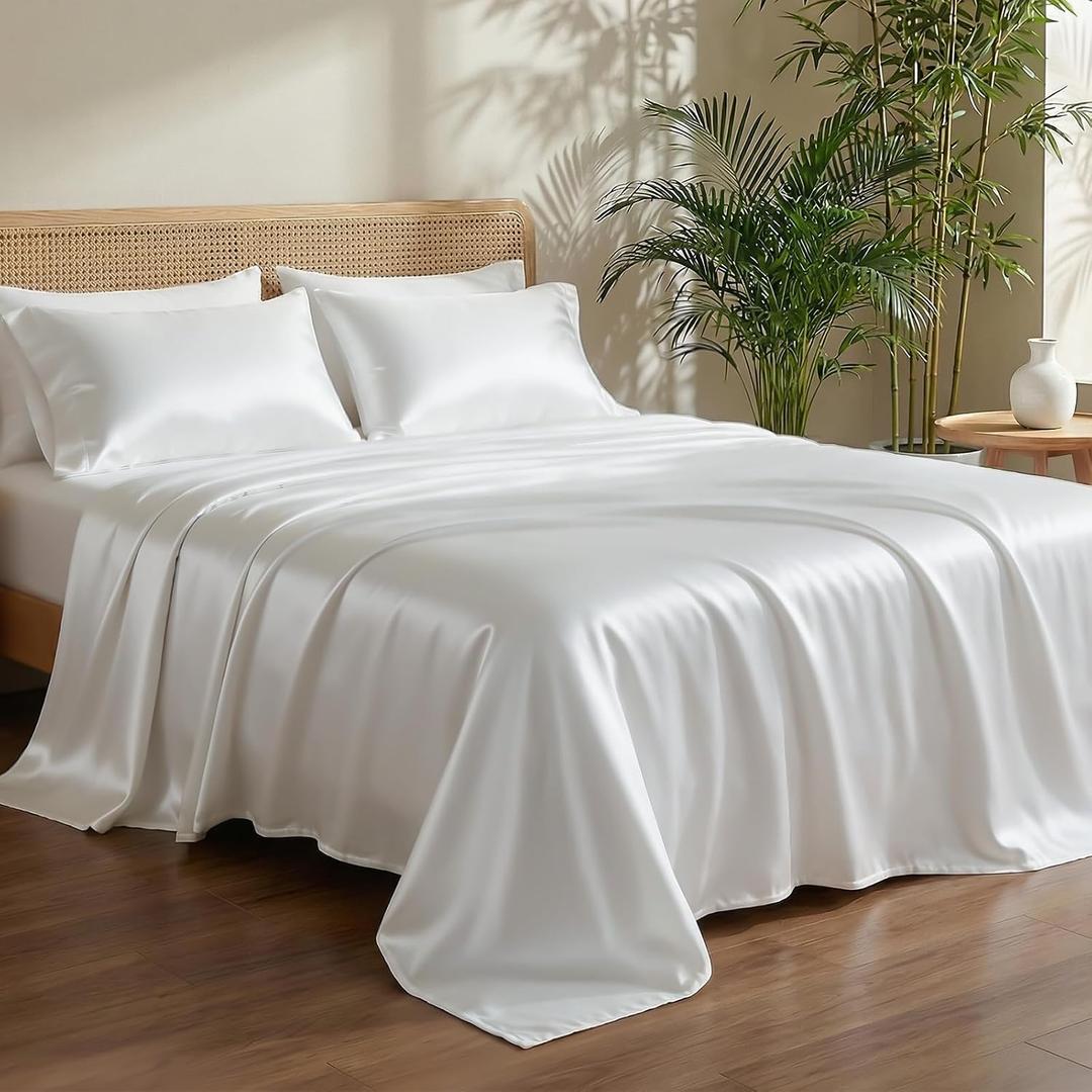 Luxury Tencel & Viscose Derived from Bamboo Hotel Sheet Set Deep Pocket & Cooling for Hot Sleepers Silky Smooth Hypoallergenic Breathable Bedding, 1 Year Quality Promise (Natural White, Queen)