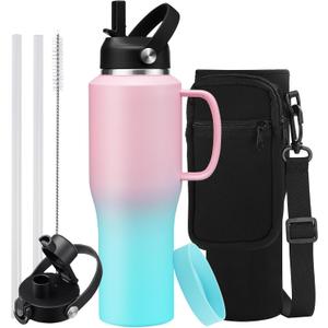 32oz Insulated Water Bottle - with Straw & Spout Lid, Strap Carrier Bag, Cold-48H & Hot-24H, Stainless Steel Travel Cup with Handle, Reusable Slim Metal Water Bottle for Car Travel Cycle Gym