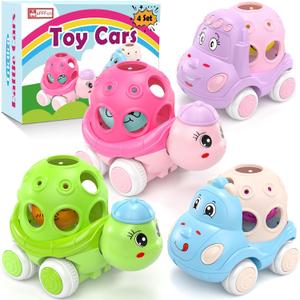 Baby Car Toys for 6-12 12-18 Months 1 Year Old Girls- 4 Pack Rattle Push N Go Cars for Toddlers 1-3 Years, Infant Trucks Toys for Babies Girl Boy 1yr 2yr First Birthday Valentines Gifts