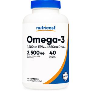 Nutricost Omega 3 Fish Oil - 2500MG, 120 Softgels (40 Serv) - Fish Oil, Wild Caught! 1200mg EPA 850mg DHA - Non-GMO, Gluten Free Exp 12/2028