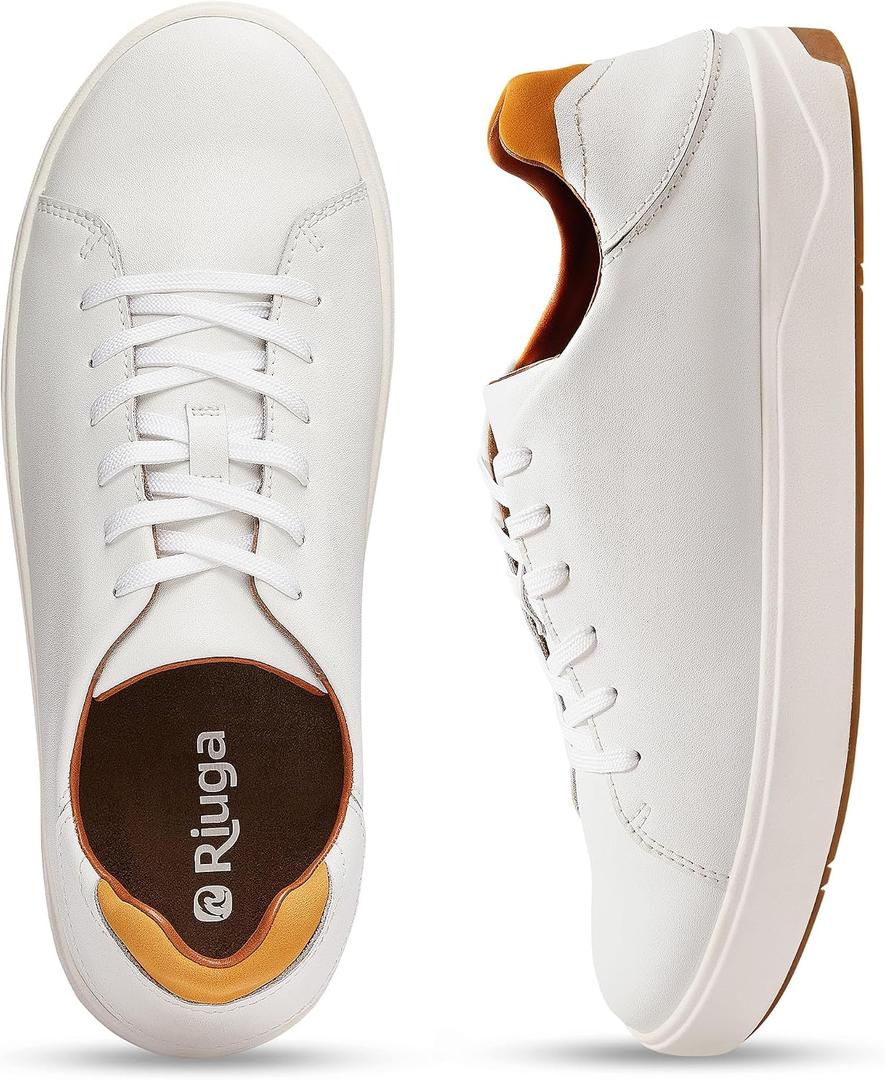 Men's Fashion Leather Sneakers - Casual Dress Shoes with Arch Support &Collapsible Heel，All Weather Rubber Soles, Comfortable Walking Shoes for Men (White)