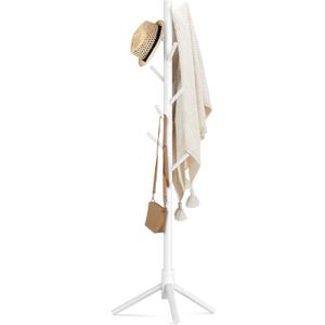 Haddockway Wooden Coat Rack Stand with 8 Hooks New Zealand Pine 3 Adjustable Coat Standing Tree Easy Assembly for Coats, Hats, Scarves and Handbags for Entryway, Hallway, Bedroom, Office, white