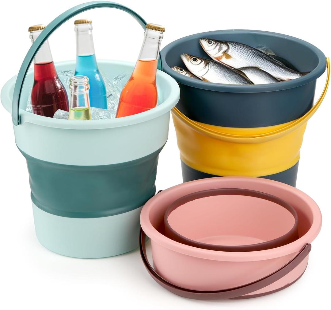 3 Pack Collapsible Plastic Bucket, 2.6 Gallon/10L Foldable Round Tub with Handle, Folding Portable Fishing Water Pail, Space Saving Outdoor Waterpot for Garden Camping Car Mop Cleaning Beach