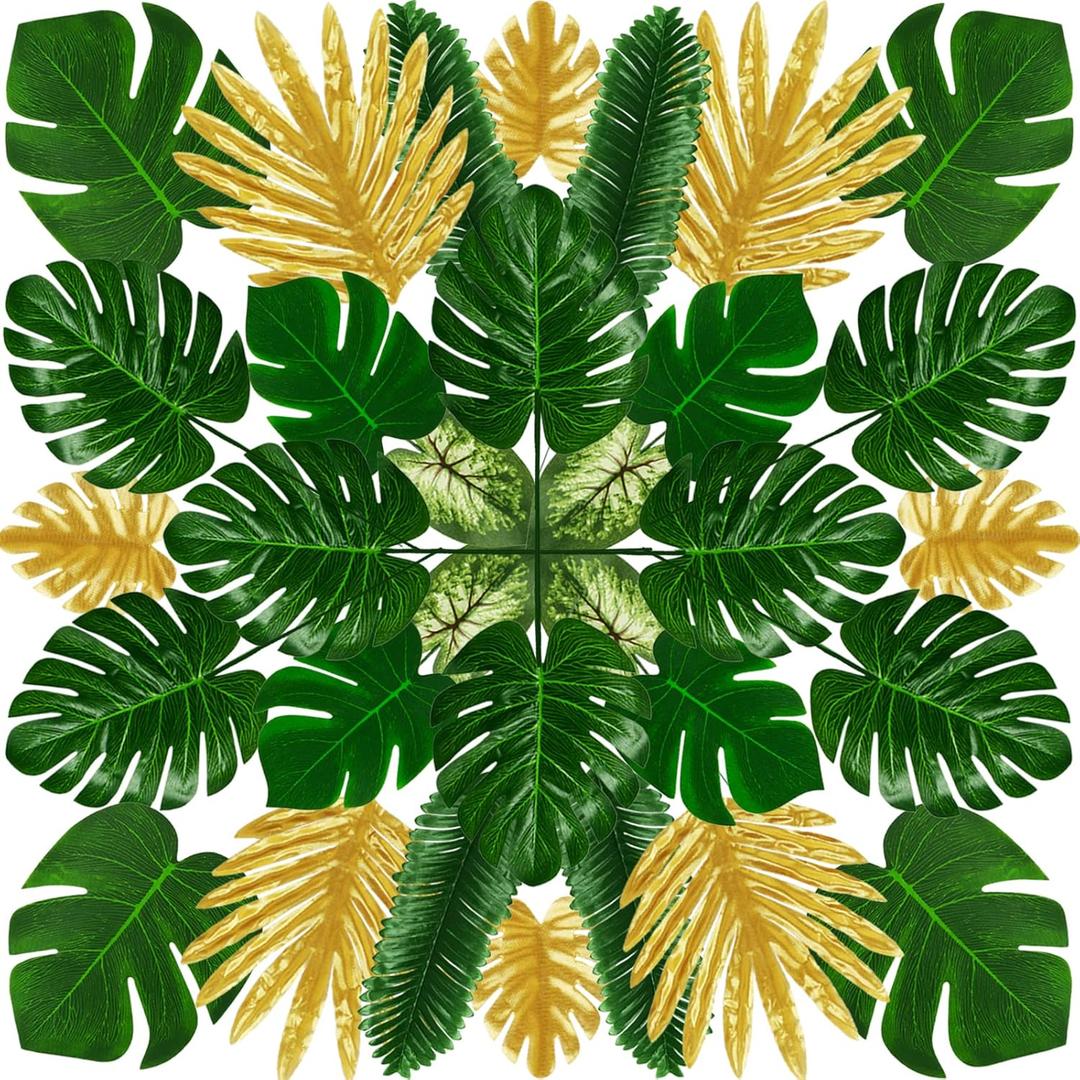 Tropical Party Decorations, 50 Pieces 7 Kinds Artificial Palm Leaves Green and Gold Tropical Monstera Leaves with Stems for Hawaiian Luau Party Jungle Beach Table Leave Decorations