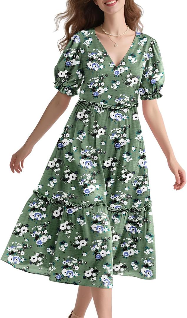 YESNO Summer Floral Midi Dresses for Women V Neck Puff Short Sleeve Frill Trim Dress with Pockets EVX (XXXL)