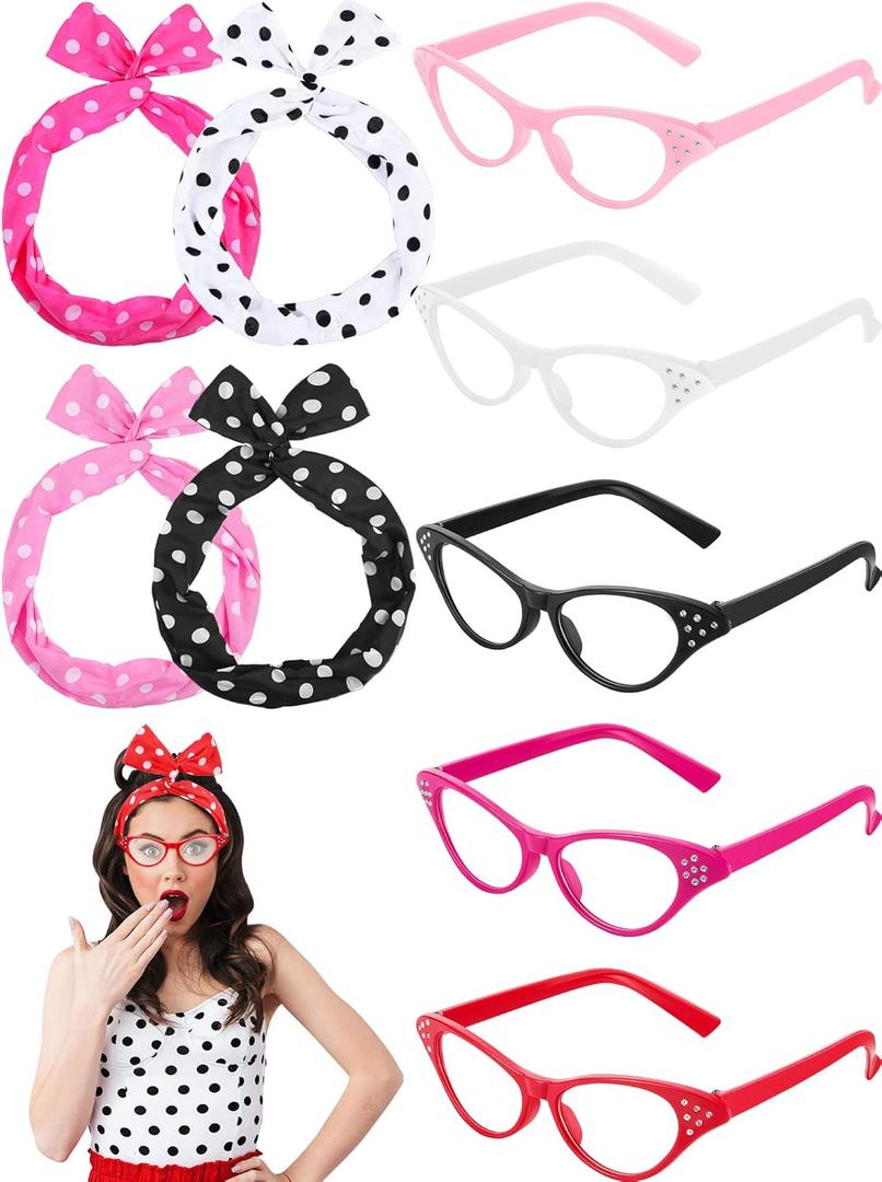 Dunzy 50's Women Accessories Set Sock Hop Party Decorations Cat Glasses Polka Dot Headband for 1950s Costumes Party (Colored)
