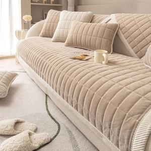 vctops Velvet Plush Plaid Quilted Sofa Cover Super Soft Non Slip Sectional Couch Cover Farmhouse Fluffy Fuzzy Sofa Slipcover Furniture Protector for Dogs Cats Pet (Coffee,28"x28")