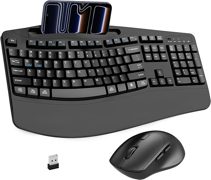 Wireless Keyboard and Mouse Combo, 2.4G Full Size Wave Keys Ergonomic Keyboard with Wrist Rest, Phone Holder, 3Level DPI Wireless Silent Mouse with 6Buttons, for Windows, Mac OS, Laptop, PC (Black)