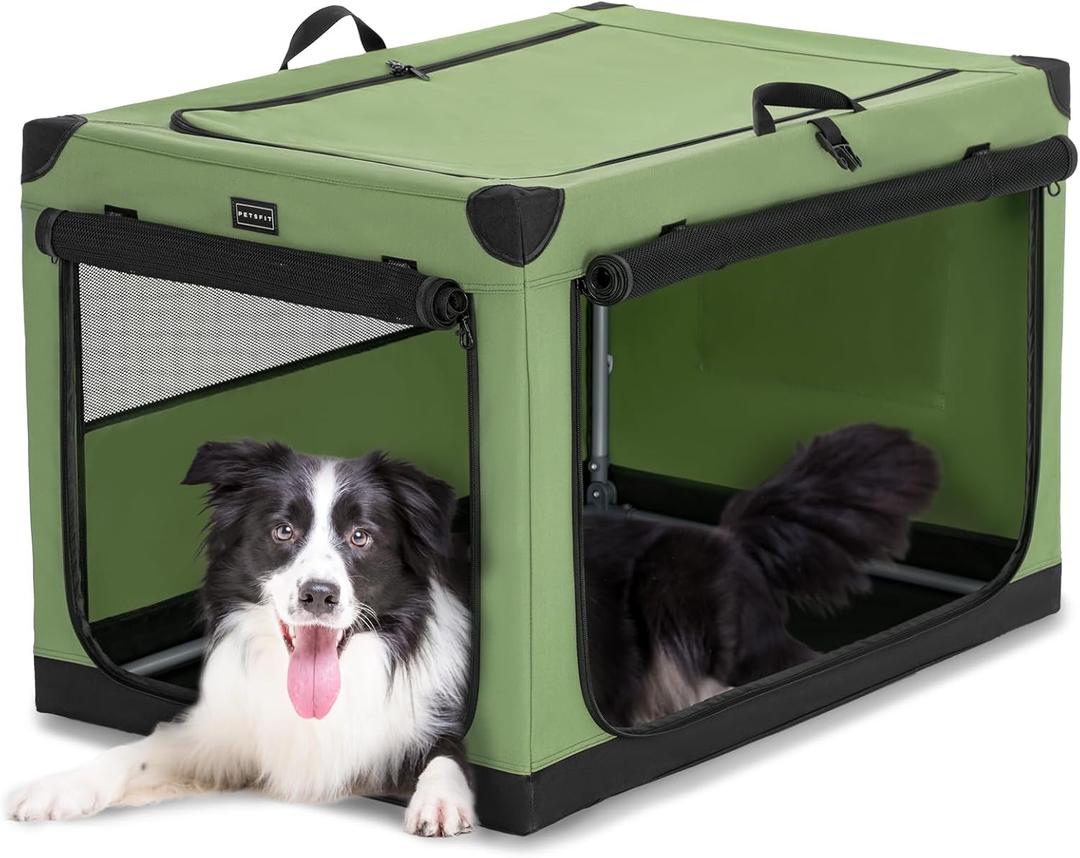 PETSFIT Soft Dog Crate, Dog Travel Crate - 36 Inch Lightweight, Easy Setup, sturdy Portable Dog Crate, Adjustable Framework with 3 Mesh Door, Soft Sided Collapsible Dog Kennel Green (36.0"L x 24.0"W x 23.0"H)