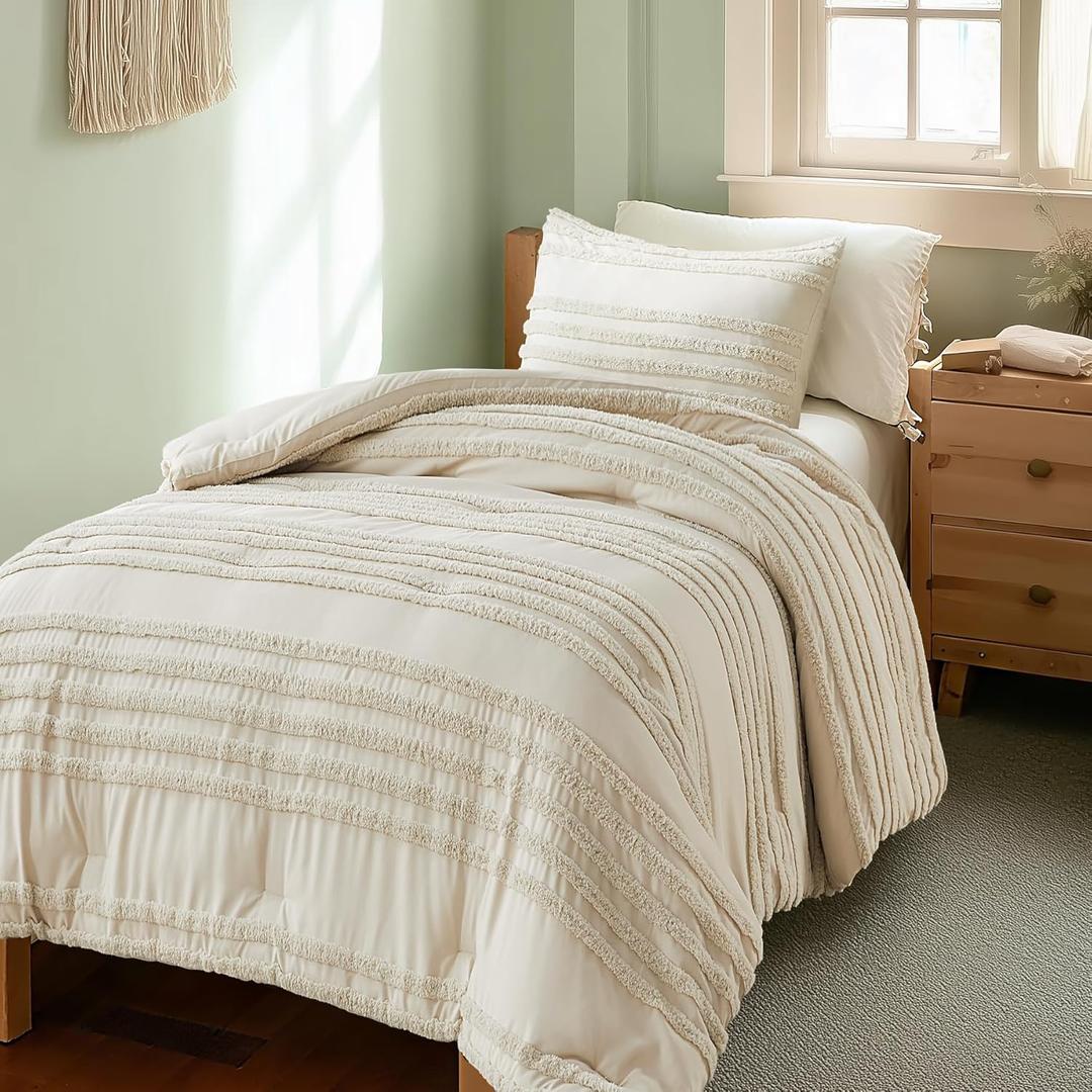 BEDELITE Boho Twin/Twin XL Comforter SetBeige Tufted Striped Bed Set 2 Pieces, Soft Vintage Farmhouse Comforter for College, Boho Home Dorm Decor, Fluffy Jacquard Bedding with 1 Pillow Sham