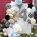 2 x Race Car Party Decorations  7PCS Black, White & Checkered Foil Balloons Set with Stars, Rounds & Checkered Number 4 Foil Balloons for 4th Racing Birthday Party Supplies
