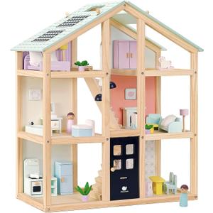 3-Story Wooden Dollhouse with 38-Piece Furniture | Easy-Assembly Modern Playhouse | Mint Green Roof, Gender-Neutral Colors | Ages 3+