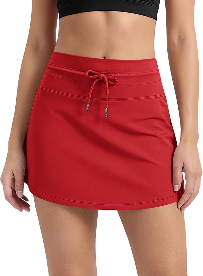 ODODOS Women's Drawstring Tie Skirts Built-in Shorts Athletic Golf Tennis Skorts with Ball Pocket, M