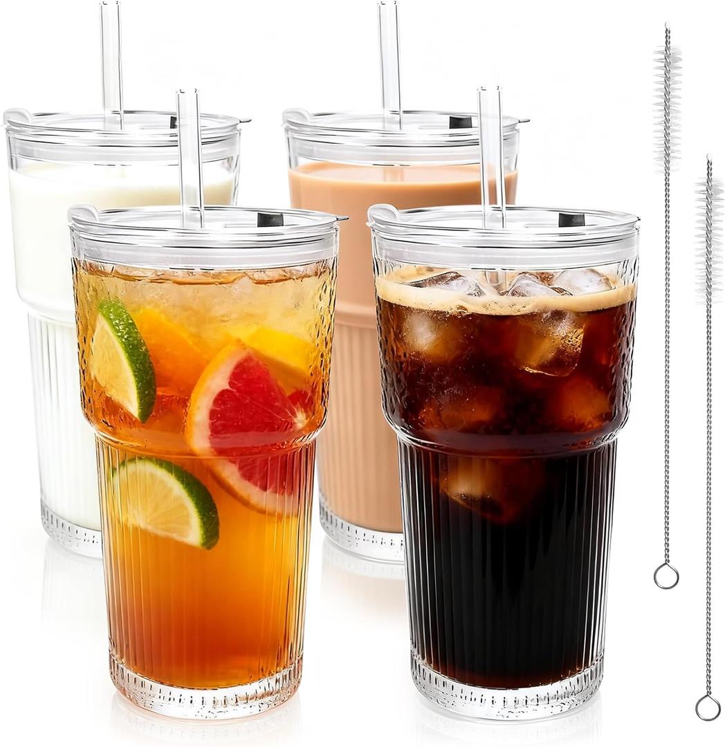 GGOLDMER 4 Pack Glass Tumblers with Lids and Straws, 20oz Iced Coffee Cups with Lids Reusable for Juices, Smoothies, Cocktail, Beer, Tea and Latte - Ribbed Design & Thick Glass