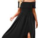ROYUNA Women's Off The Shoulder Dresses Boho Flowy Smocked Maxi Sundress Beach Vacation Summer Dress 2024 (03 Black)