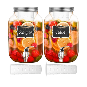 Eleganttime 1 Gallon Glass Drink Dispensers for Parties,2 Pack Beverage Dispenser with Fruit Infuser,Laundry Detergent Dispenser Punch Bowls Water Juice dispensers with Easy Flow Spigot for Outdoor