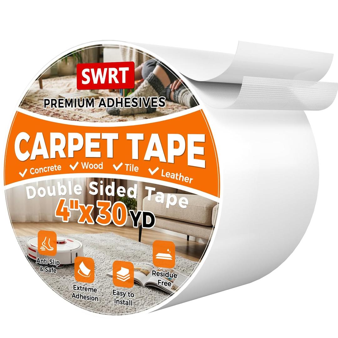 SWRT Carpet Tape Double Sided, 4 in x 30 Yards Carpet Adhesive for Hardwood Floors, Heavy Duty Anti Slip Rug Grip Tape, Works as Rug Grippers, Residue Free, Wood Safe, Easy Removal for Tile