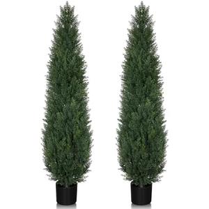 Artificial Cedar Topiary Trees, 5FT UV Resistant Topiary Trees Artificial Outdoors, Realistic Pre-Potted Faux Cypress Plants for Outdoor Porch, Home Entryway, and Garden Decor, Set of 2