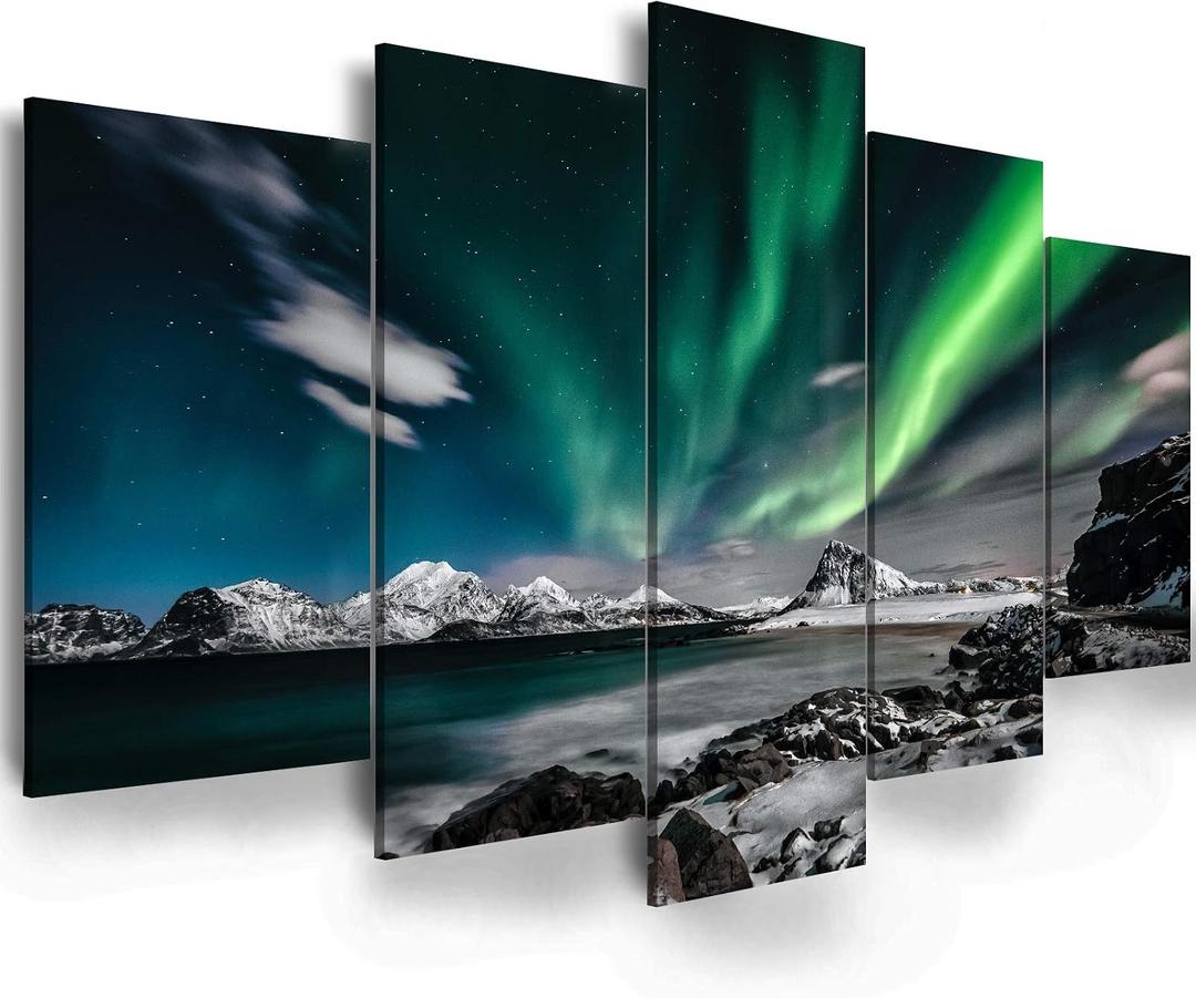 EPHANY Green Sky Night Painting - 5 Pieces Wall Art Art - Aurora Scenery Painting on Canvas Landscape Stretched and Framed Canvas Paintings Ready to Hang for Home Decorations Wall Decor, 40"x20"