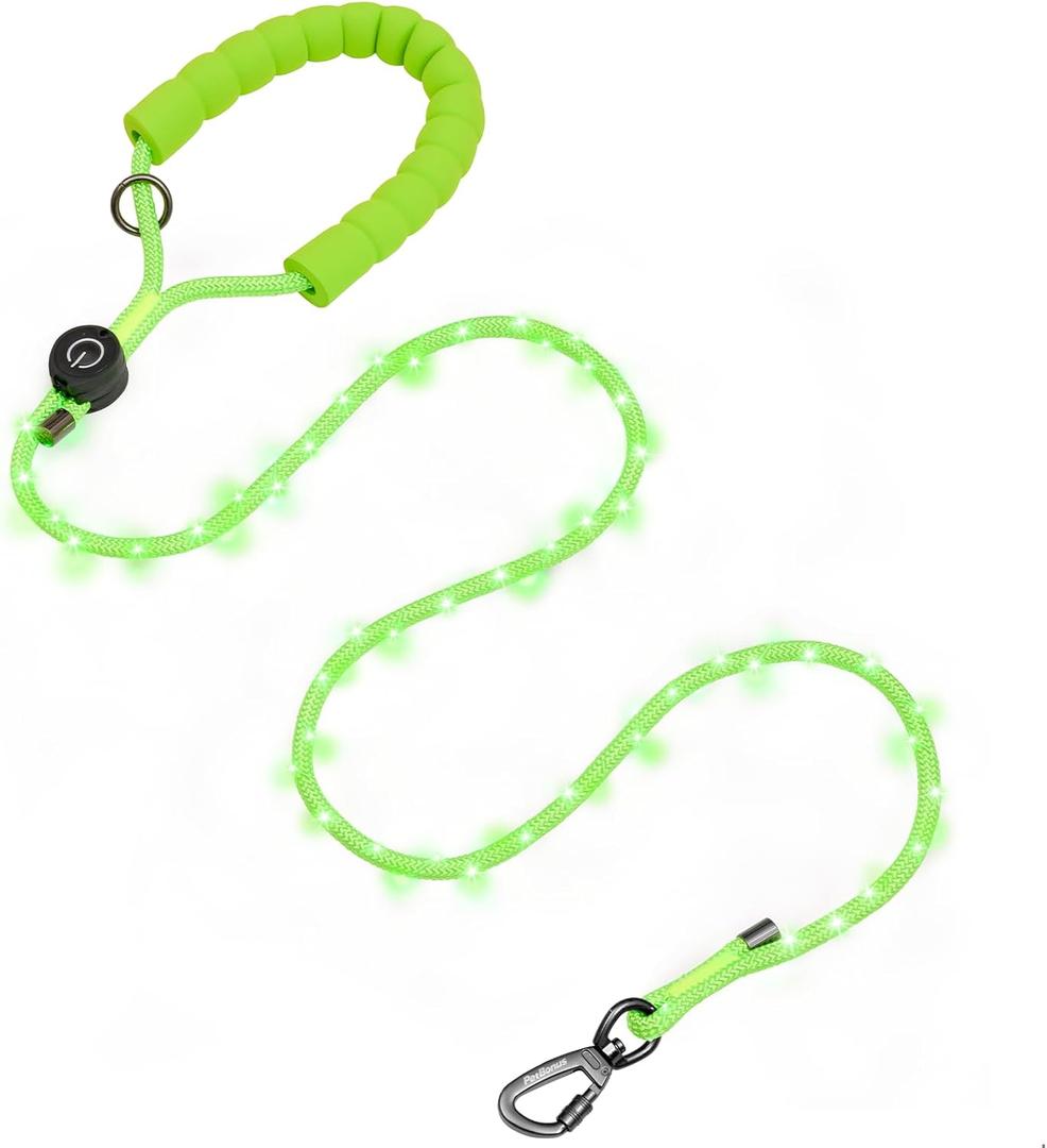 PetBonus 5 FT LED Dog Leash, Rechargeable Light Up Rope Dog Lead, 3 Lighting Modes, Thick Soft Padded Handle, Safer Night Walking for Small Medium Dogs (Green)