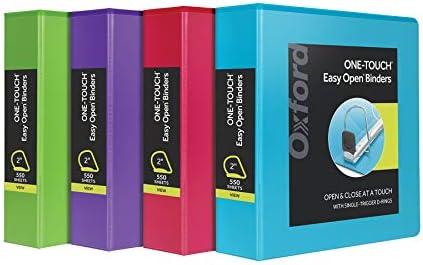 Oxford 2 Inch Binders, 4 Pack, 3 Ring Binder, ONE-Touch Easy Open D-Rings, Holds 530 Sheets, Non-Stick, PVC-Free, Three Ring Binders for Organization and Presentations, Assorted Colors