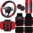 NBTEPEM 10 Pcs Car Floor Mats Full Set & Sport Leather Steering Wheel Cover 14.5-15 inch, Center Console Cover, Seat Belt Cushion, Cup Holder Coaster, Universal Automobile Interior Sets (Red)