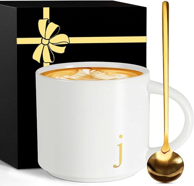Monogrammed Ceramic Large Coffee Mug Tea Cup Women Her Sister Mom Girlfriend Aunt Best Friend Friendship Grandma Bestie Wife Daughter Law Lady Happy Birthday Gifts Cool Funny Meaningful Unique Cute,J