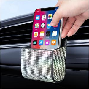 Car Vent Storage Organizer, Bling Car Accessories for Women or Man, Rhinestone Car Vent Leather Pocket, Multipurpose Car Storage/Car Sunglass Holder/Car Coin Holder for Car (Colorful)