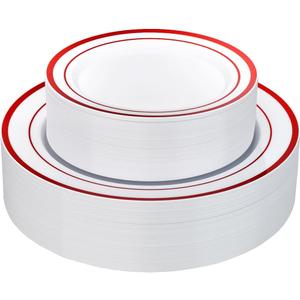 Goodluck 120 Pack Red Rim Plastic Plates - 60 Dinner Plates (10.25") & 60 Dessert Plates (7.5") - Heavy Duty Disposable White Plates with Elegant Red Trim - Premium Dinnerware Set for Wedding