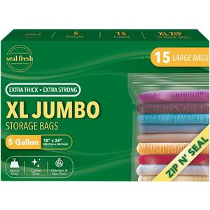 5 Gallon Large Plastic Storage Bags  18" x 24" (15 Count)  Reusuable XXL Extra Large Heavy Duty Clear Jumbo Freezer Zip Bags with Sealable Zipper Top For Clothes, Travel, Moving