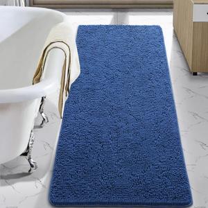 LOCHAS Luxury Bathroom Rug Shaggy Bath Mat 24 x 48 Inch, Washable Non Slip Bath Rugs for Bathroom Shower, Soft Plush Chenille Absorbent Carpets Mats, Blue