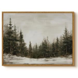 Winter Forest Wall Art 12x16 Framed Canvas Print, Neutral Nature Snow Pine Tree Landscape Painting, Rustic Woodland Artwork Living Room Bedroom Entryway Farmhouse Christmas Holiday Home Decor, Pine Forest 