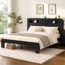 KISLOT Farmhouse Bed Frame with LED Lights and Storage, Black, Queen