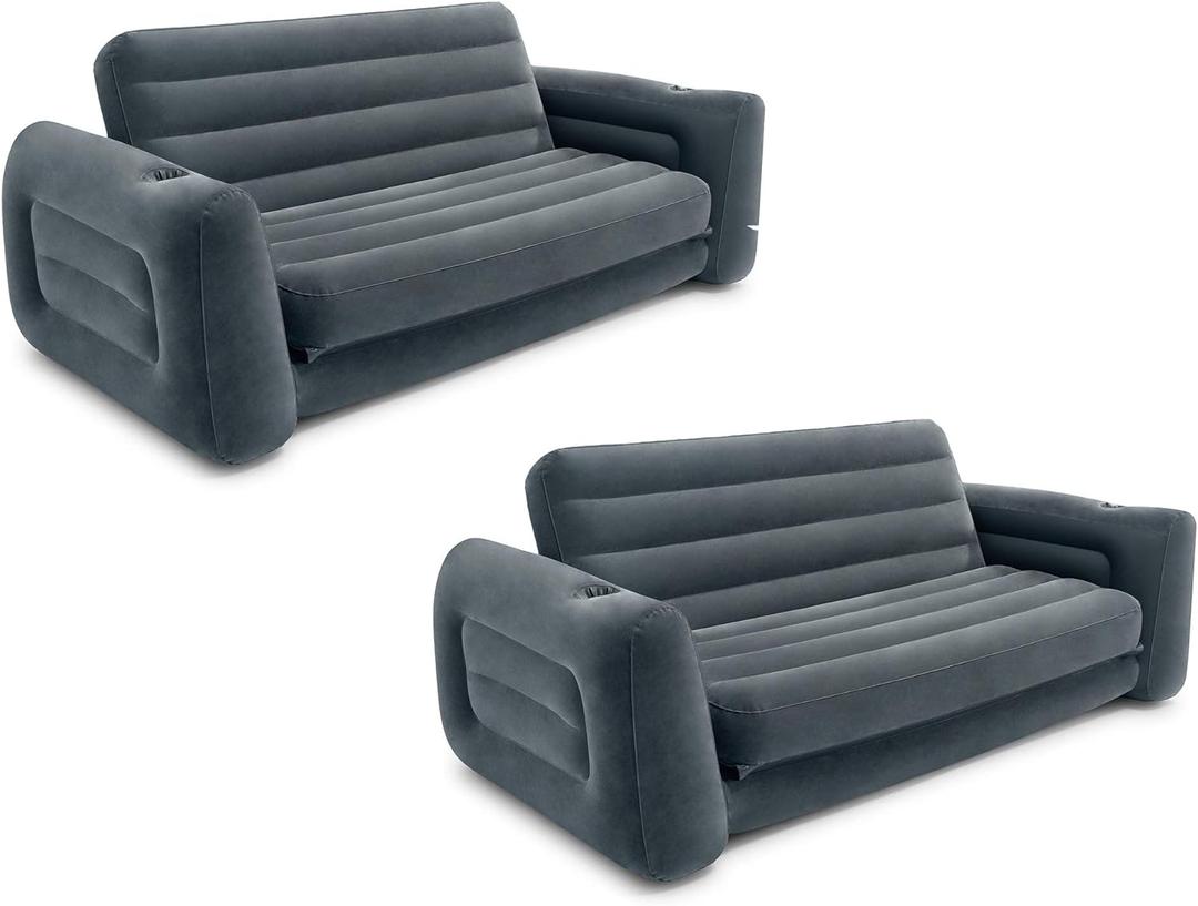 Intex 2 in 1 Inflatable Pull Out Sofa and Queen Size Air Bed Mattress with Cup Holders for Indoor and Outdoor Use for Adults (2 Pack), Charcoal Gray