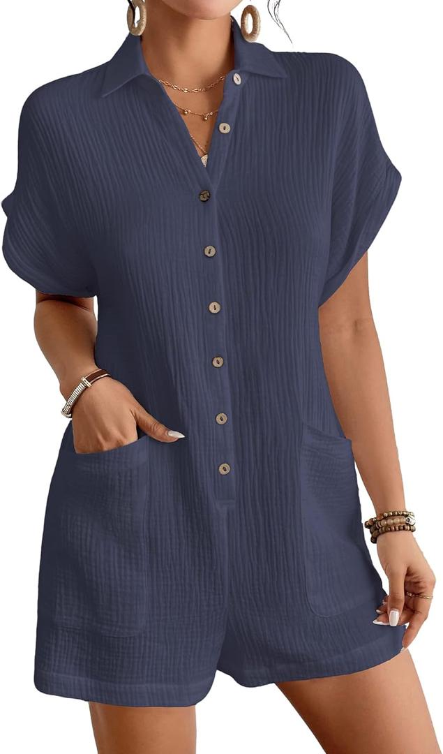 Bsubseach Womens Rompers For Summer 2025 Shorts Jumpsuit Short Sleeve Button Down Romper With Pockets Beach Vacation Outfits (Large, Navy Blue)