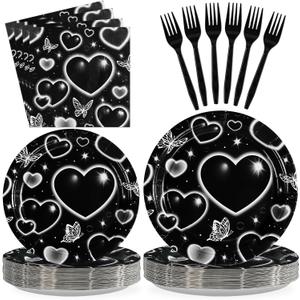 Grencian 96 Pcs 2000s Party Plates and Napkins Black Heart Tableware Supplies Y2k Theme Birthday Party Decoration Early 2000s Dinnerware Decorations for Halloween Birthday Wedding Bridal Shower