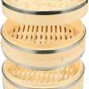 Juvale 2-Tier Steamer Pot Insert with Steel Rings - 10" x 6.5", Beige - Bamboo & Steel Stackable Basket for Rice & Dumpling Steamer for Vegetables