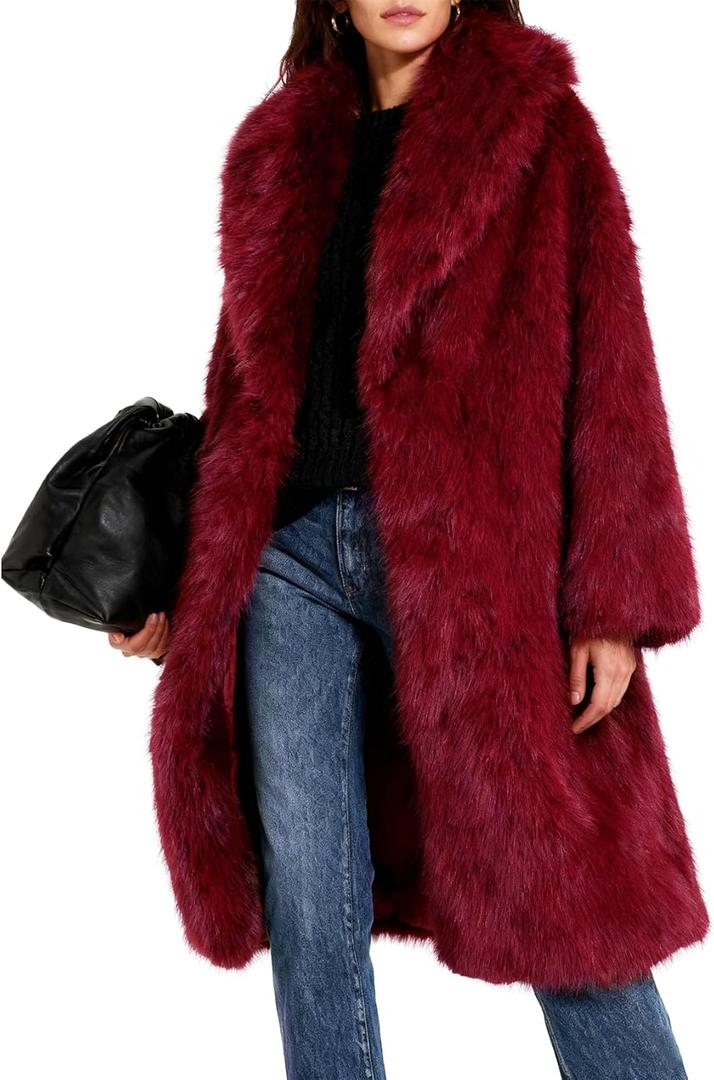 Flygo Womens Long Faux Fur Coats Winter Fluffy Open Front Luxury Overcoat Shaggy Lapel Long Sleeve Fuzzy Warm Cardigan Jacket (Large, Red)