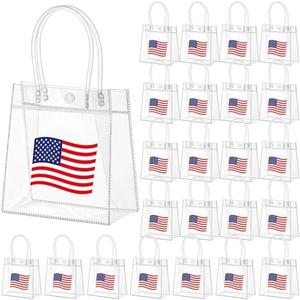 Kolldenn Clear PVC Gift Bags with Handle, Transparent Tote, Reusable Treat Bags for Wedding Birthday Shopping Party Supplies(Blue, White, Red,6.31"x 5.91"x 3.15",American Flag)