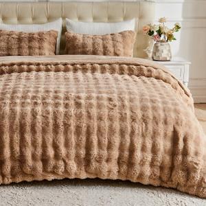 Lotus Karen Fluffy Comforter Cover Set-Rabbit Fluff Faux Fur Duvet Cover King Size,Coffee Plush Fuzzy Furry Bedding Sets 3Pieces(1 Duvet Cover & 2 Pillow Shams),Zipper Closure