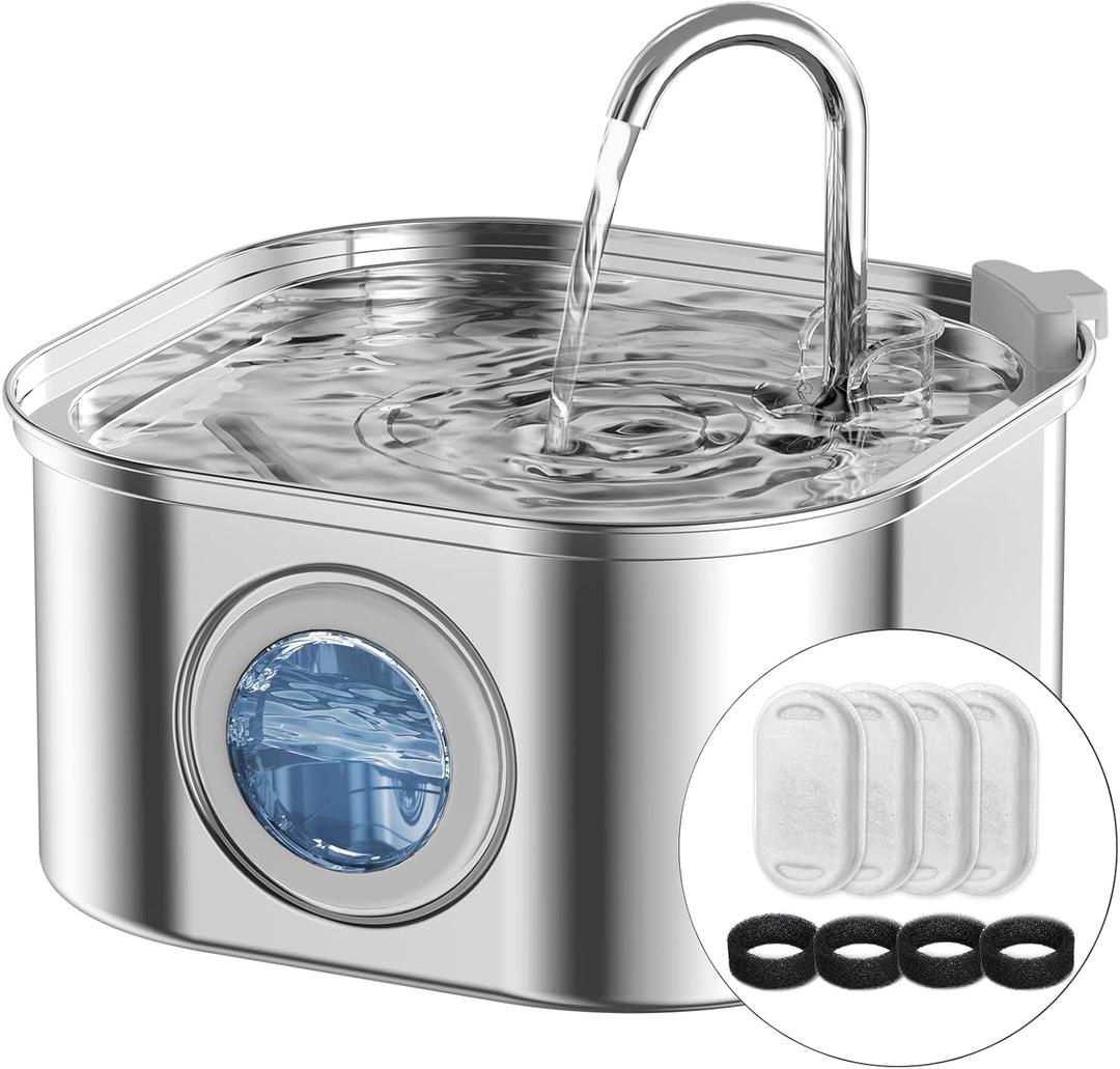 Cat Water Fountain Stainless Steel,108oz/3.2L Automatic Pet Water Fountain,Cat Fountain with Water Level Window,Water Fountains for Cats Indoor with 4 Replacement Filters and 4 Sponges