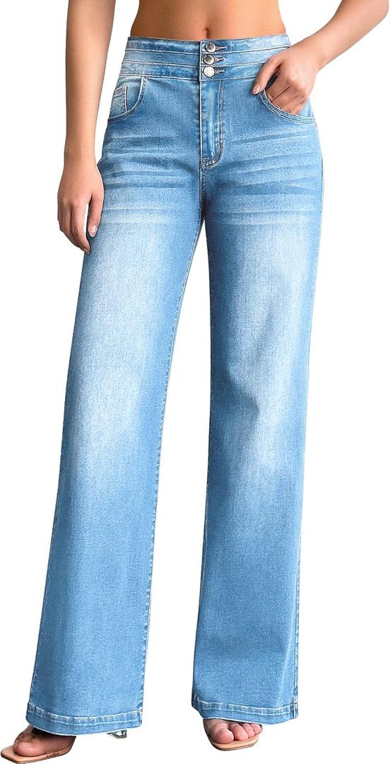 roswear Women's Wide Leg Jeans Casual High Waisted Stretch Baggy Loose Denim Pants (Light Blue) S