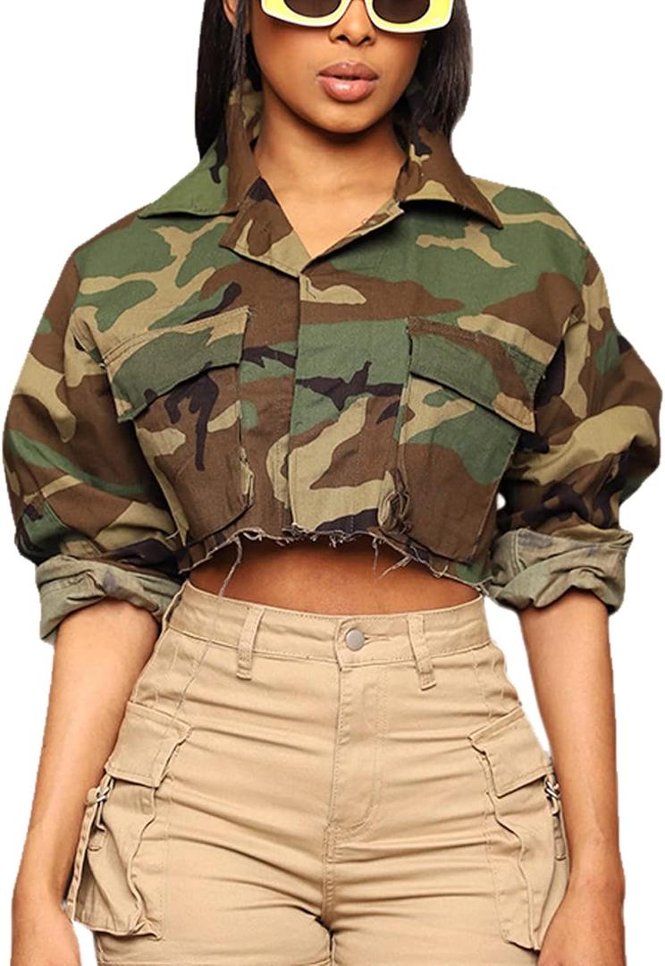 Camo Jacket for Women Cropped Denim Bomber Jacket army fatigue Camouflage Jacket Long Sleeve Button Down Camo Coat (Medium)